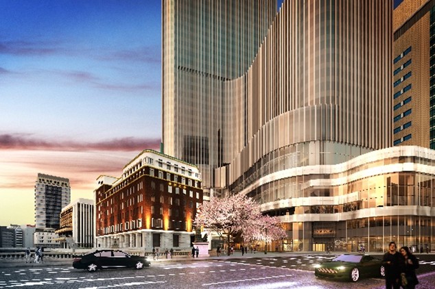 中央通り側からの低層部外観イメージ（夕景）